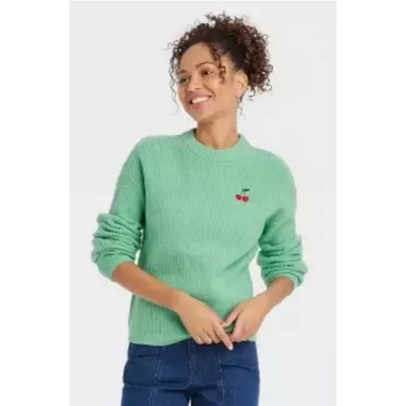 a new day Sweaters - A New Day Womens Mint Green Ribbed Cherry Embroidered Crewneck Sweater Small NEW